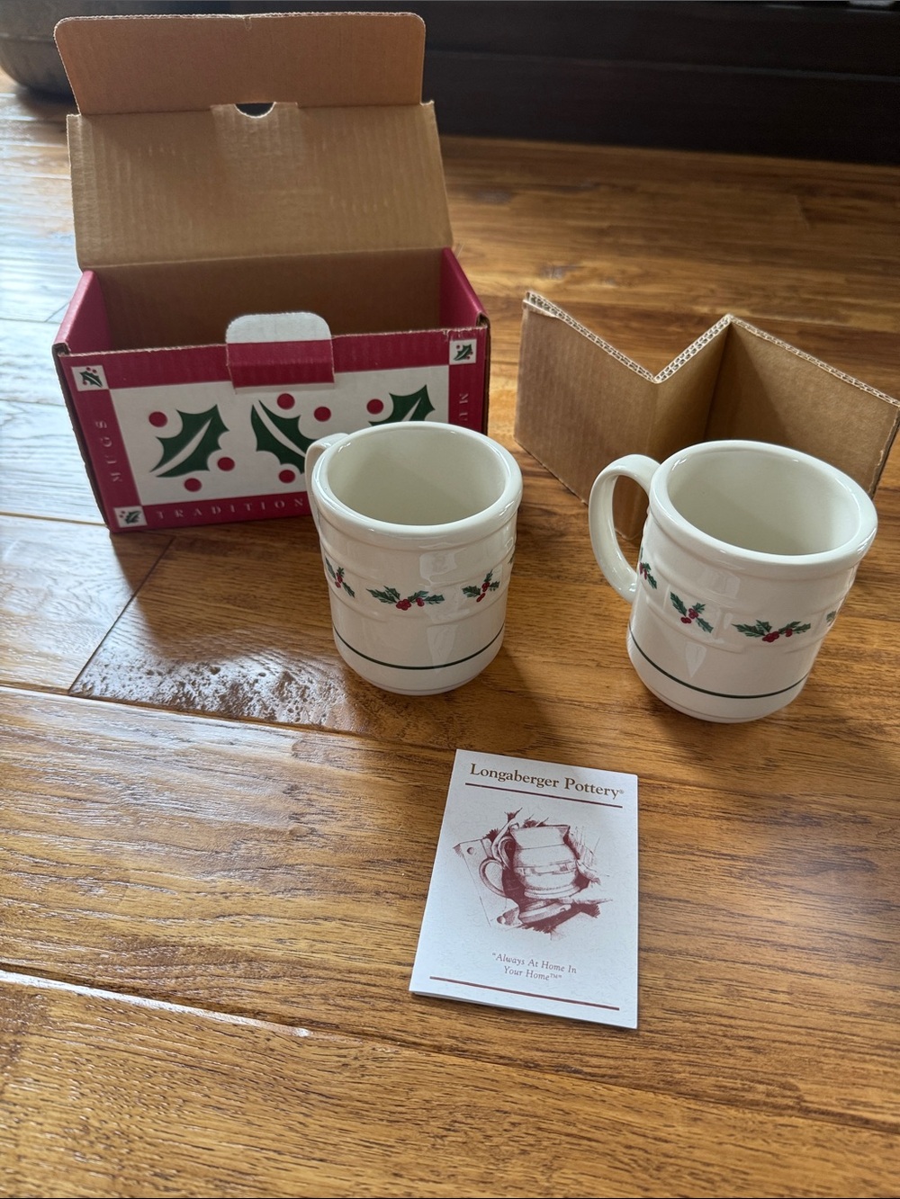 Longaberger Holiday Holly Ceramic Mugs - White (Set of 2) 1994